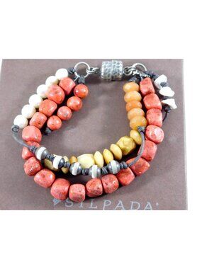 SILPADA Sterling Silver Coral Jasper Pearl 3 strand Magnetic Bracelet B1423